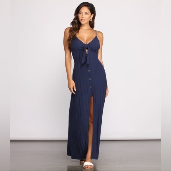 NWT Windsor Front Slit Maxi Dress Button Ribbed Spaghetti Strap Olive Tie Front - Picture 1 of 15